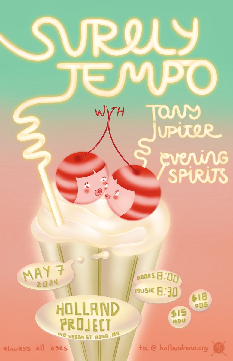 TONIGHT 5/7 is for the lovers, the dreamers, the inbetweeners: Santa Ana Indie Rockers Surely Tempo are here w/ El Paso Chicano Surf Goths Tony Jupiter, and local surfy sweethearts Evening Spirits 🏄‍♂️ No snoozin’ ~ 8pm • $18 🍒 poster by Andie Pereyra