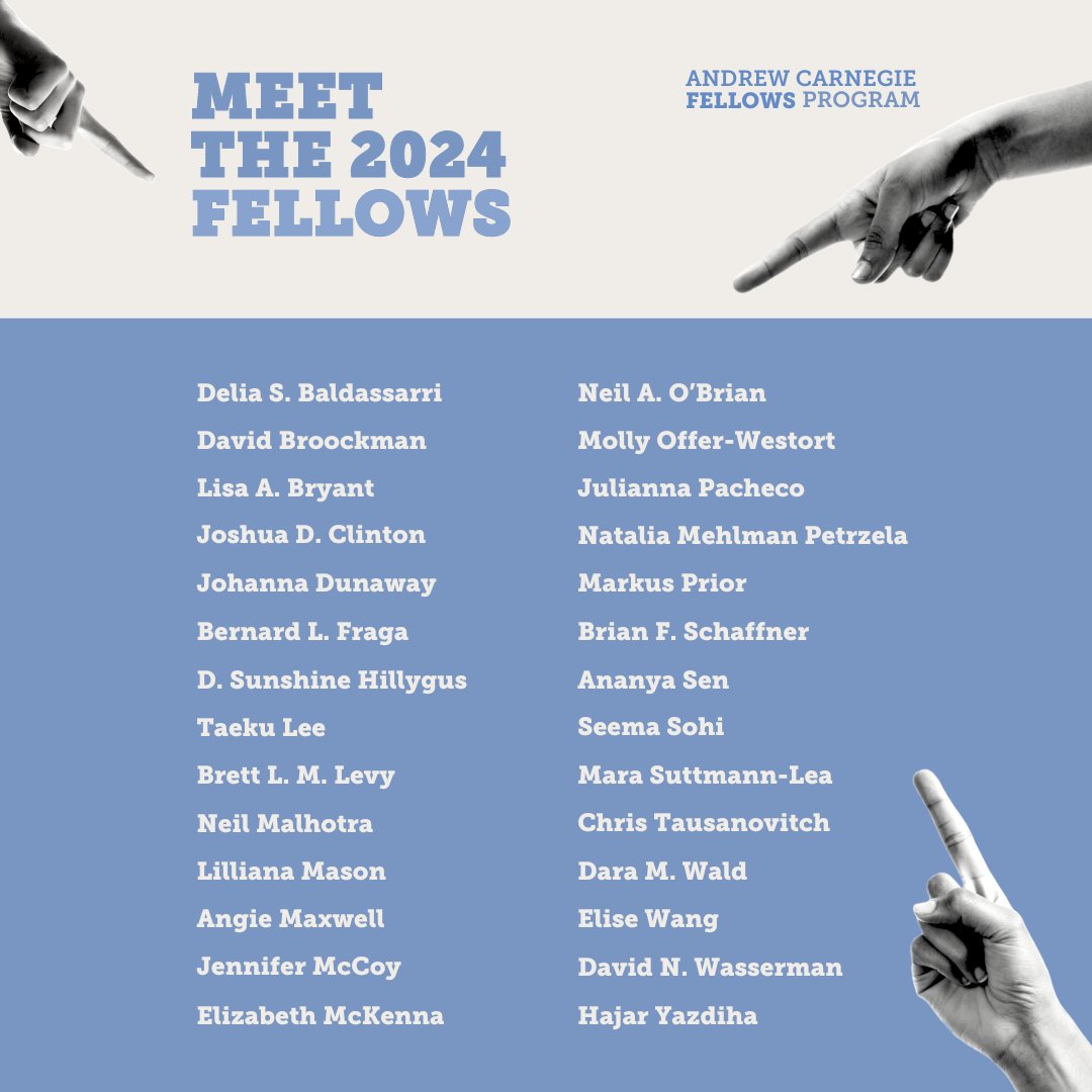 I'm honored to announce my selection as part of this amazing class of 2024 Andrew Carnegie Fellows! What a group! Deep thanks to the #CarnegieFellows program, which will support our research on the causes of U.S. political polarization. carnegie.io/3JLtUV8