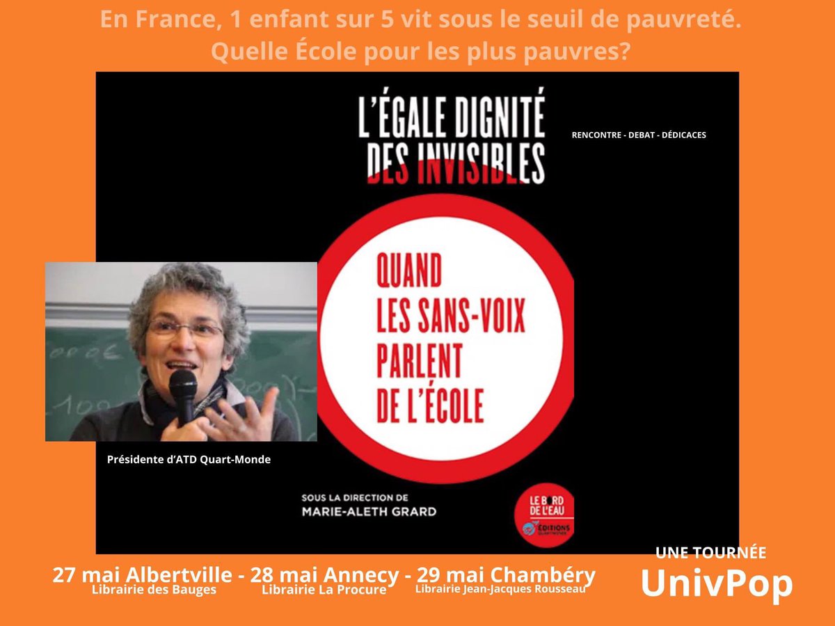 @AlethGrard - présidente d’@ATDQM présente à @Albertville_fr pour UnivPop le 27 mai pour réfléchir aux « Sans voix et l’#Ecole » et dédicacer en librairies. Rencontre avec des personnels sociaux, d’éducation et le public d’UnivPop. Idem le 28 à #Annecy et le 29 à #Chambéry .