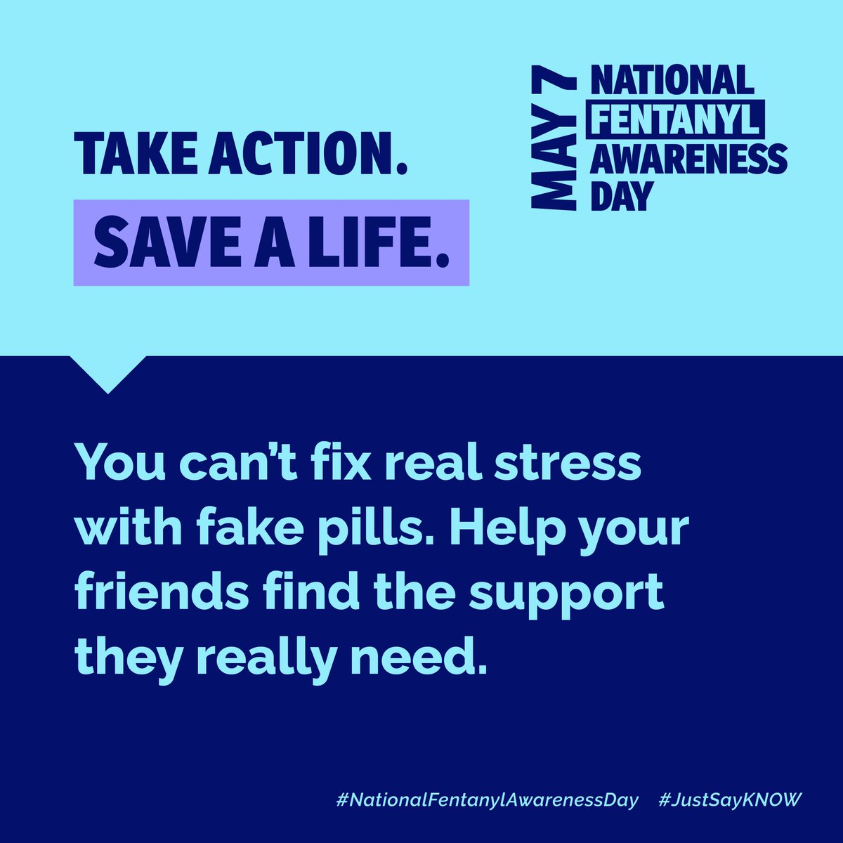 Unless you got a pill from a pharmacy or your doctor, it could contain a lethal dose of fentanyl. Real stress can't be cured with fake pills. Stay safe, seek support and know how to use Naloxone. Learn the facts and spread the word at fentanylawarenessday.org. #NoRandomPills