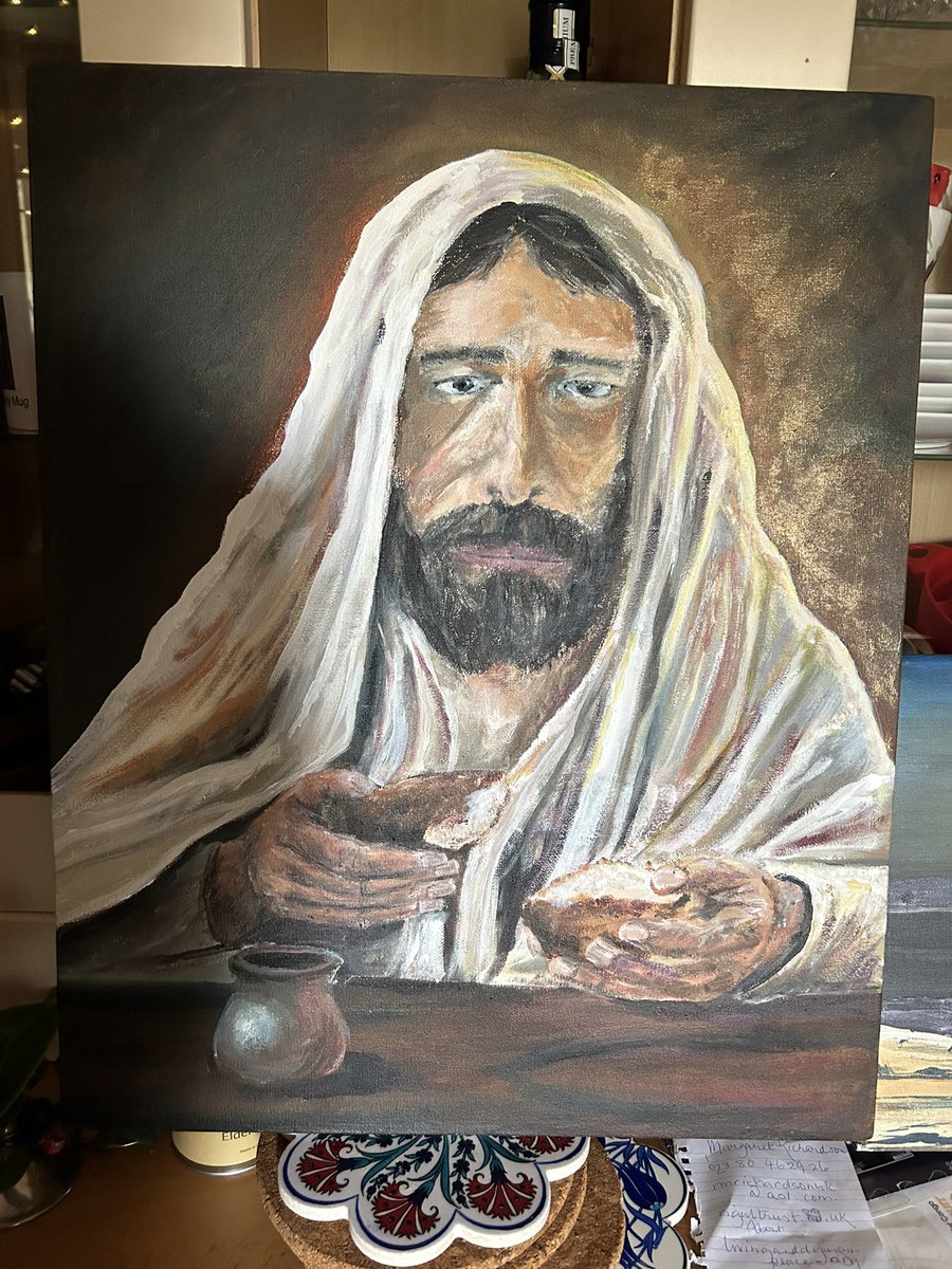Finally got round to adjusting the right hand. #art #artist #ArtisticExpression #acrylic  #painting #portrait #jesus #BreadOfLife