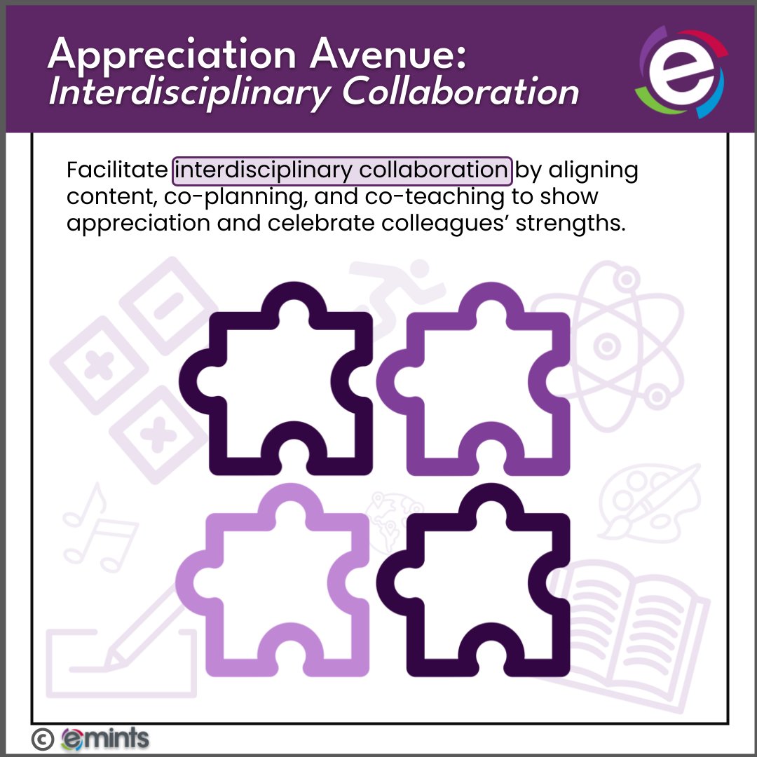 Show appreciation for your #colleagues through interdisciplinary collaboration. Align, co-plan, and co-teach to celebrate colleagues’ strengths and unique content knowledge. #eMINTS #TipCards #emintsTips #TuesdayTip #TipTuesday #HighQualityLessonDesign #HighQualityPD