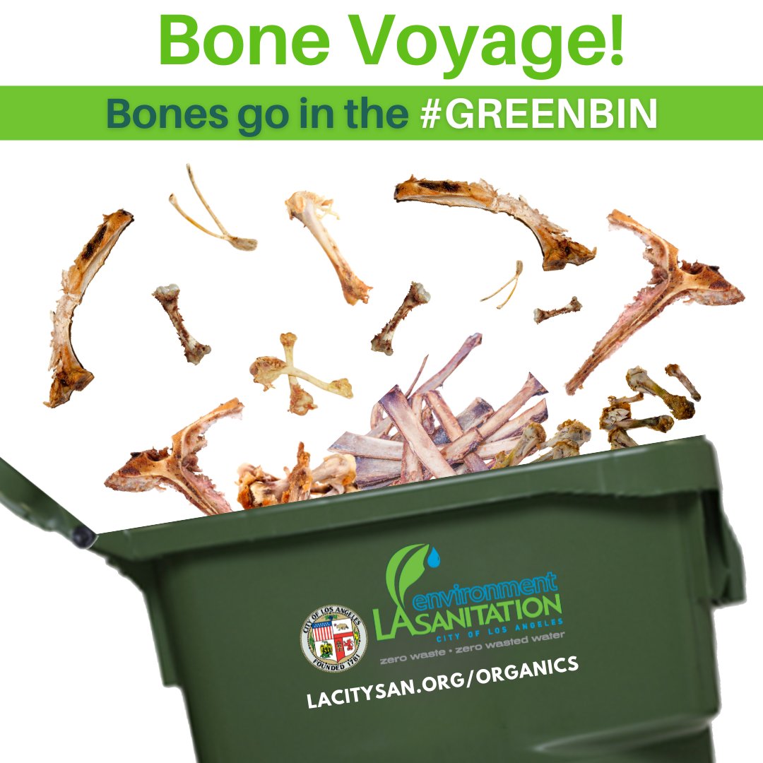 Bones go in the #greenbin! They add calcium to #compost enriching soil for healthier #gardens. 

More tips at lacitysan.org/organics
#OrganicsLA #organics #foodie #foodwaste #compost #cooking #bbq #grill #organics #chicken #ribs #steak #fish #cooking #grilling #chef #grillmaster