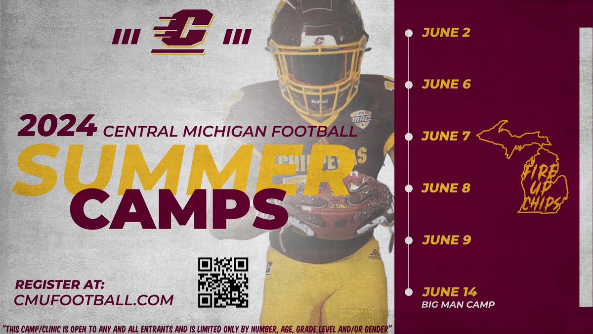 6 opportunities to get better and evaluated! Come camp with the Chips! Register at cmufootball.com 🔥🔼 #fireupchips