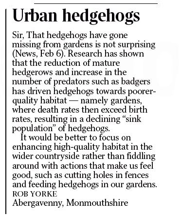 so as it’s #NationalHedgerowWeek and #HedgehogWeek here’s one of my most unpalatable letters published in The Times on hogs, landscapes of fear and sinks