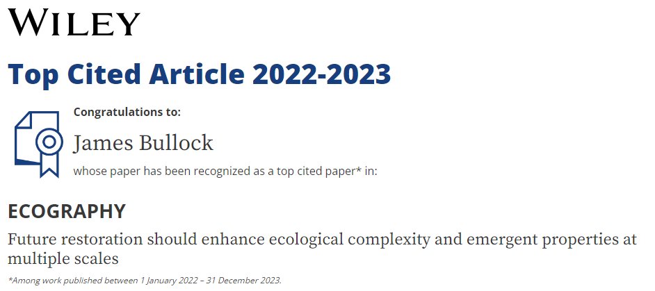 Nice to see that our @RestREco1 paper advocating restoring ecosystem complexity rather than taxonomic identity has been one of the top cited papers in @EcographyJourna