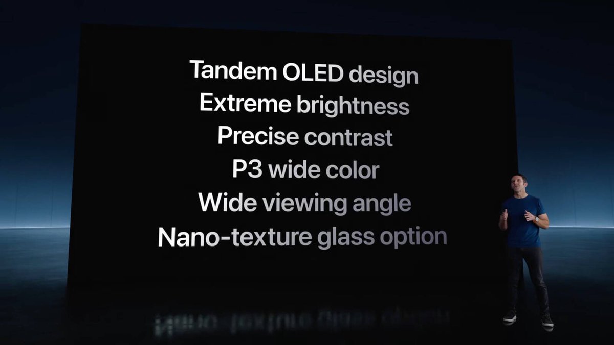Nueva iPad Pro #AppleEvent :
-Dos tamaños, 11 y 13 pulgadas 🖥️
-Pantalla Ultra Retina XDR con Tandem OLED (2 paneles OLED juntos) 1000 nits de brillo standard y 1600 en HDR 🔥
-Opción de vidrio nano-texturizado 💥
-Tiene un grosor de hasta 5.1 mm, más delgado que un iPod nano 🤯