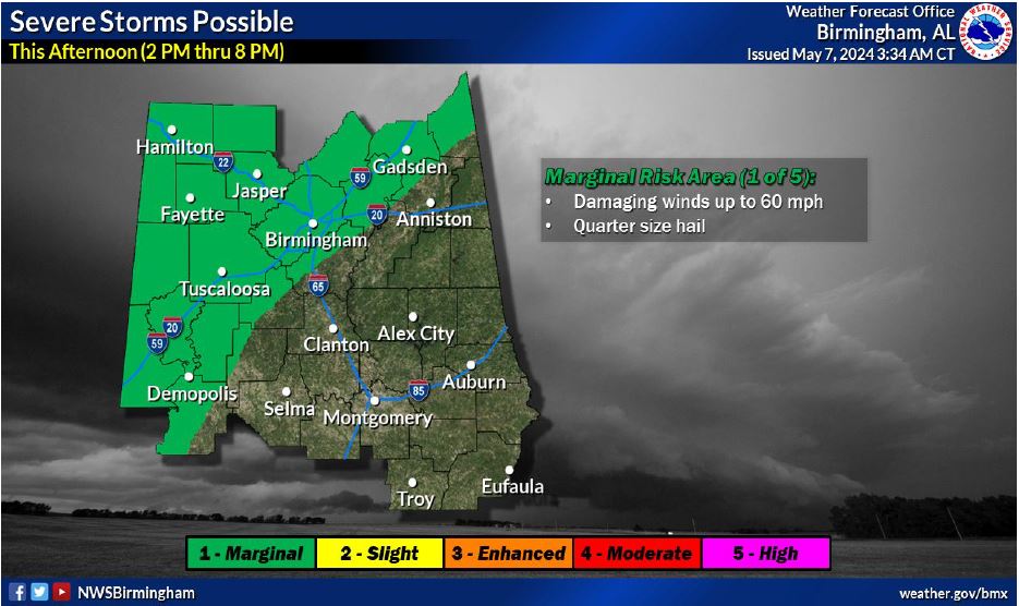 Possibility of three days of severe weather starting today, May 7, 2024. Damaging winds up to 60 mph and quarter-size hail is possible through Thursday night. Early Thursday morning is our greatest chance for severe weather. See photos.