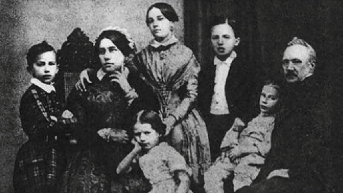 The Tchaikovsky family in 1848. L to R: Pyotr (then 8 years old), Alexandra Andreyevna (mother), Alexandra (sister), Zinaida (half-sister), Nikolay and Ippolit (brothers), and Ilya Petrovich (father). The future composer was described by a nanny as 'a child made of glass.'