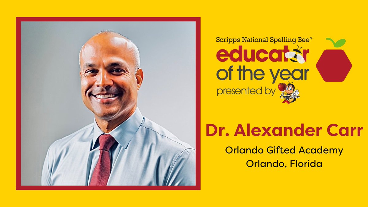 Happy Teacher Appreciation Day! Join us in congratulating our 2024 Educator of the Year, presented by @SugarBeeApple. Dr. Alexander Carr is a geometry teacher at Orlando Gifted Academy (@OGAOCPS). Learn more: spellingbee.com/awards #spellingbee #teacherappreciationday