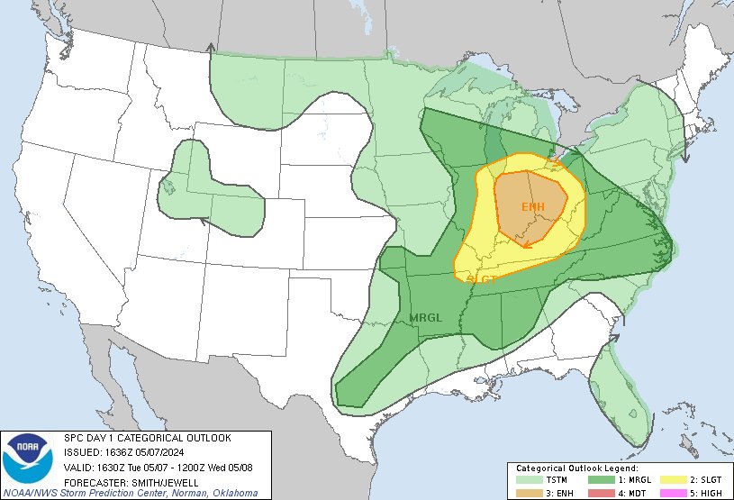 11:38am CDT #SPC Day1 Outlook Enhanced Risk: for Indiana, western and central Ohio, and northern Kentucky spc.noaa.gov/products/outlo…