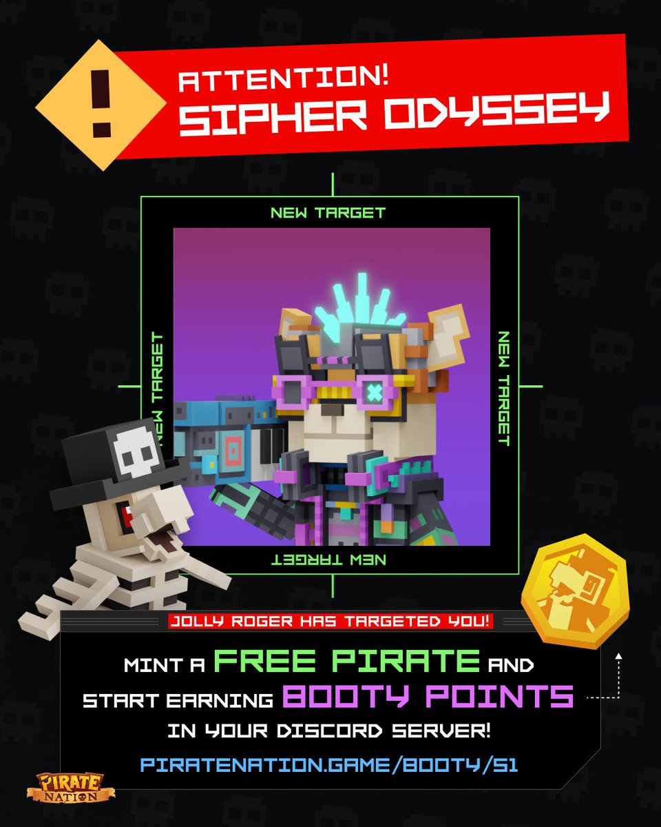 Welcome <a href="/playSIPHER/">SIPHΞR</a> to the Jolly Roger 🏴‍☠️

For the next 48 hours, anyone holding a Sipher Odyssey NFT can mint a free Pirate, join the game, and start earning BOOTY Points.

Mint your free Pirate here and start earning yer BOOTY now:

piratenation.game/parley/siphero…