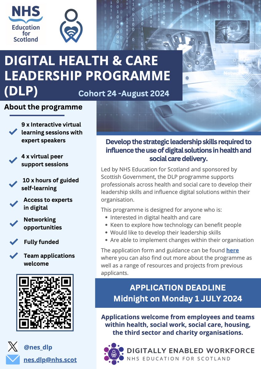 📣Applications for Cohort 24 of the Digital Health & Care Leadership Programme (DLP) are open! Starting in August we welcome applications from health, social work, social care, housing, the 3rd sector & charities. Find out more ⬇️learn.nes.nhs.scot/52828 @nes_dew @NHS_Education