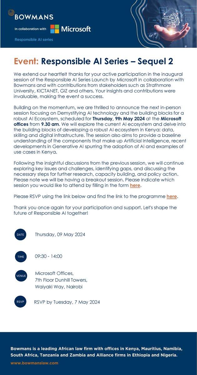 EVENT 🇰🇪| Building on our collaboration with @Microsoft, we’re thrilled to announce the next in-person session focusing on demystifying #AI technology and the building blocks for a robust #ArtificialIntelligence ecosystem. When: 09 May 2024, 09:30 EAT Where: Nairobi, Kenya More⬇️