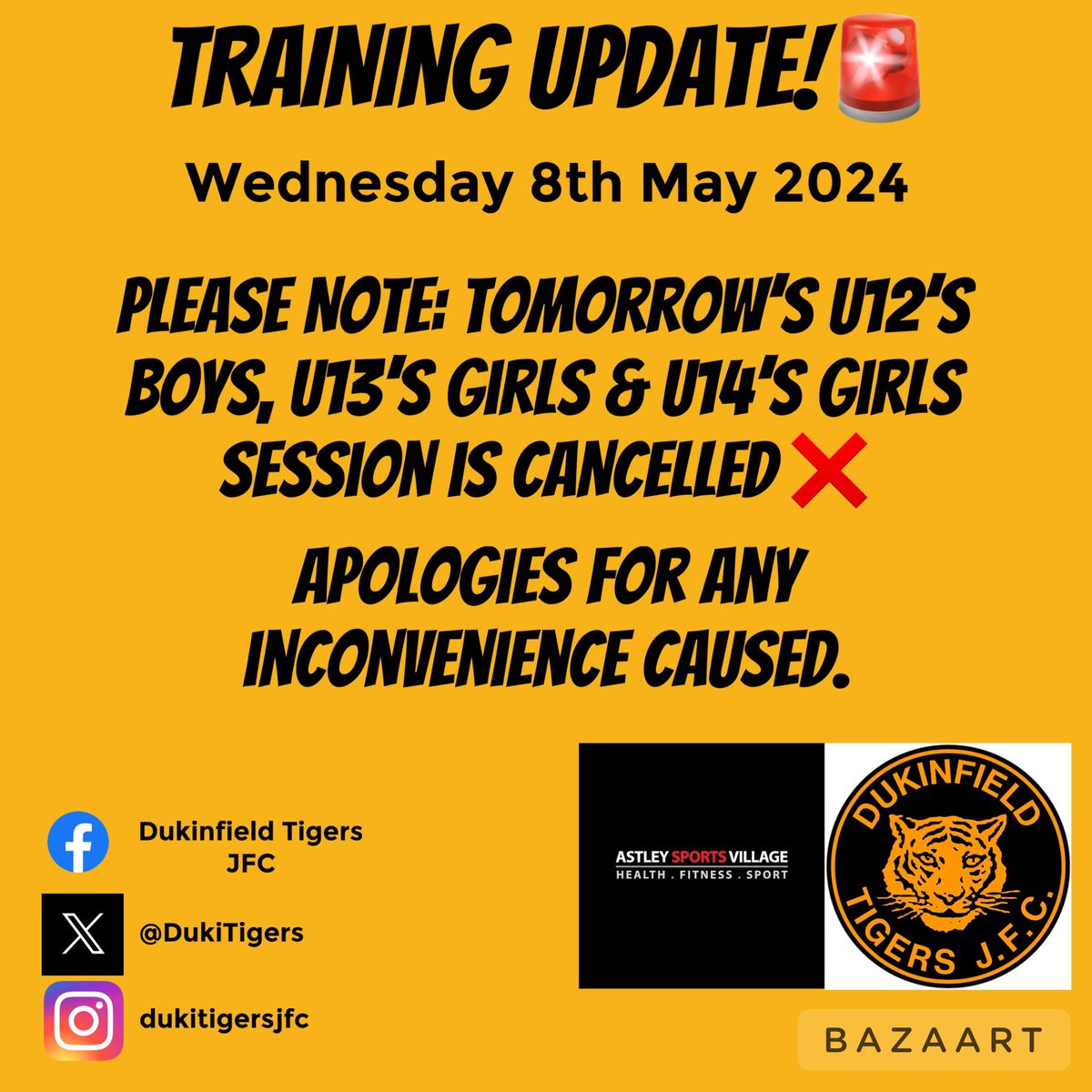 Please note that four of our teams will not be training tomorrow evening due to playing in friendlies. ❌ •U12’s •U12’s Stripes •U13’s Girls •U14’s Girls Sorry for any inconvenience caused. 🐯⚽️
