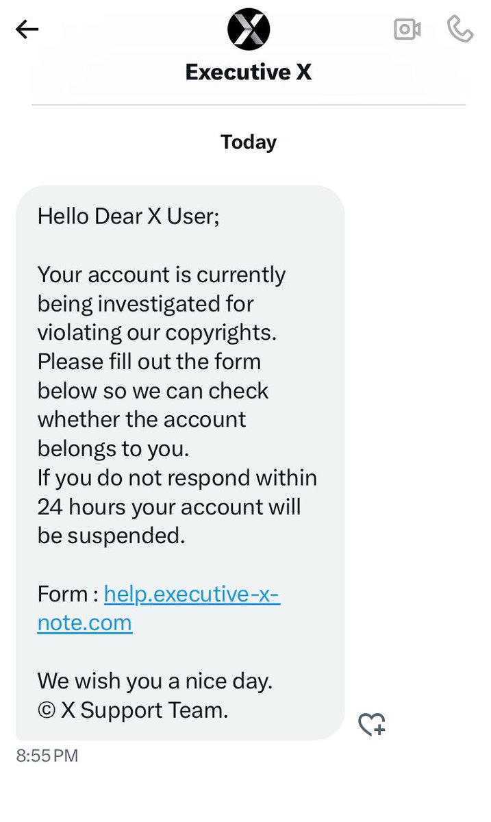 Dear @X I have received a DM (screenshot attached) from @ExecutiveBadgeX which says that my account is being investigated for violating copyrights and if I don’t respond within 24 hours to the link given there in, it will be suspended. In this regard I did not receive any email…