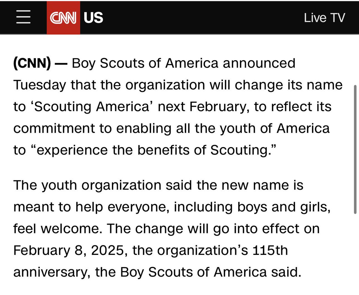 UNREAL. Boys Scouts of America just announced they’re changing their name to “Scouting America” to be inclusive and welcoming of everyone 🤡