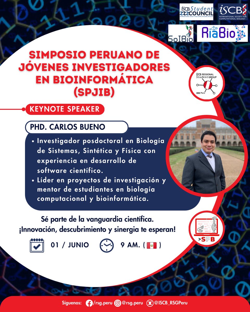 💻🌐📣📣 ¡Hola comunidad bioinformática! 
Hoy presentamos al PhD Carlos Bueno. 
Es un investigador posdoctoral en la Universidad de Rice (USA) en las disciplinas de biología de sistemas, sintética y física. 
#SPJIB2024 #simposio #bioinformatica #rsgperu #spbbc