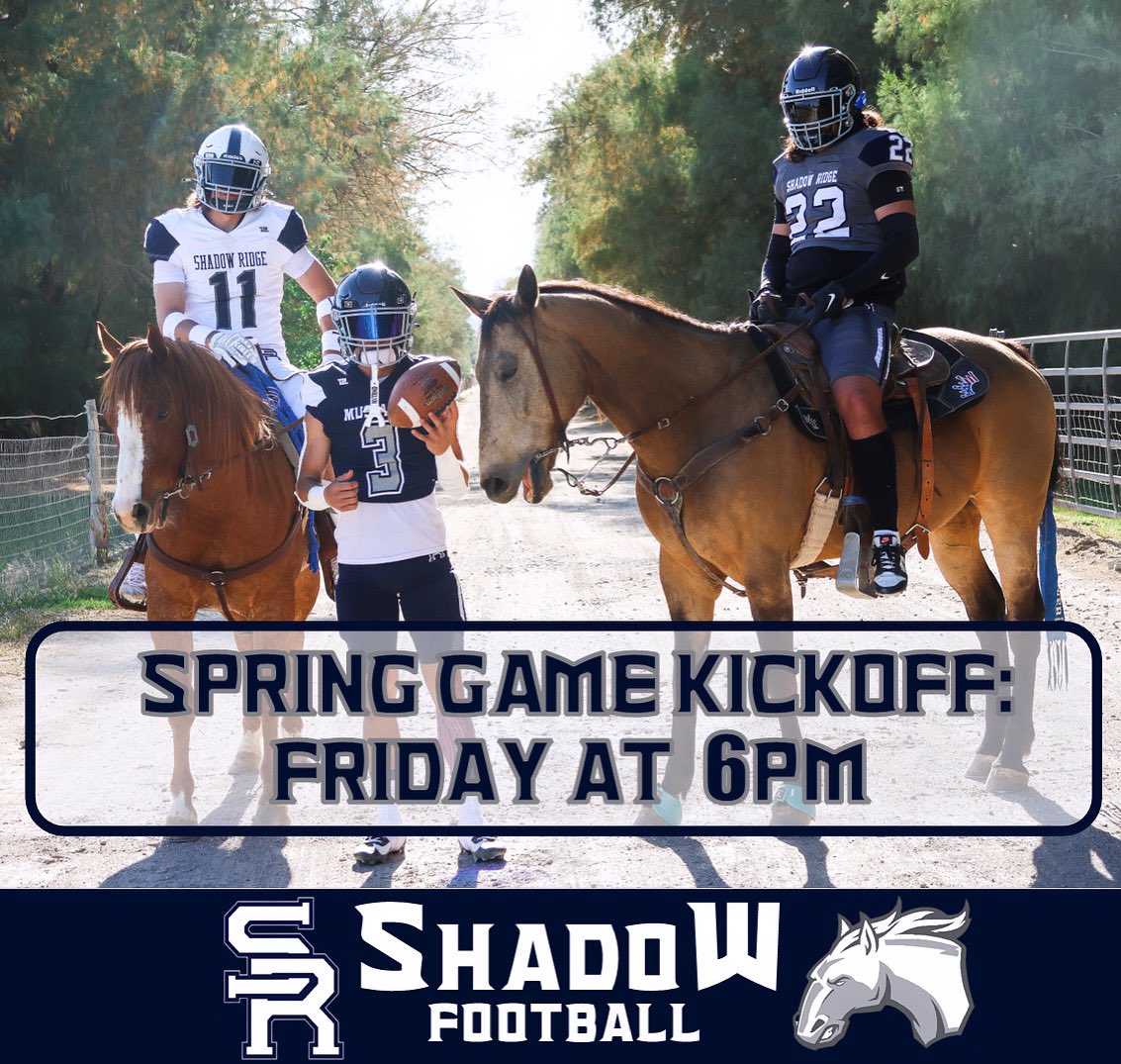 Spring Game Kickoff has been moved to 6PM this Friday! See you all there! #ShadowFootball #DefendTheRidge #MustangRumble #BTM