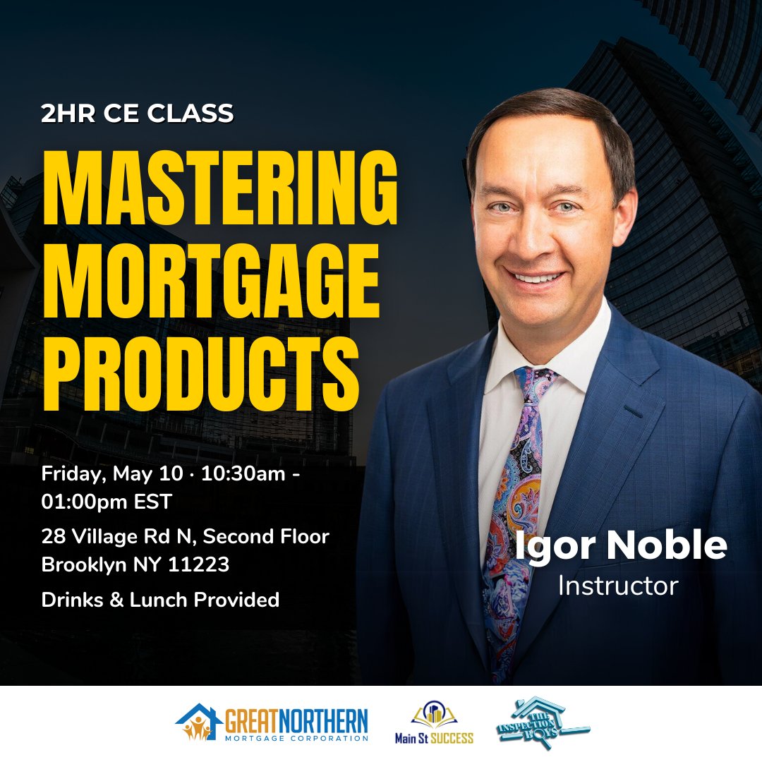 FREE CE Class in Brooklyn - Mastering Mortgage Products with Igor Noble - RSVP Now! 

To Register: eventbrite.com/e/mastering-mo…

#knowledgeispower #dealwithhappypeople