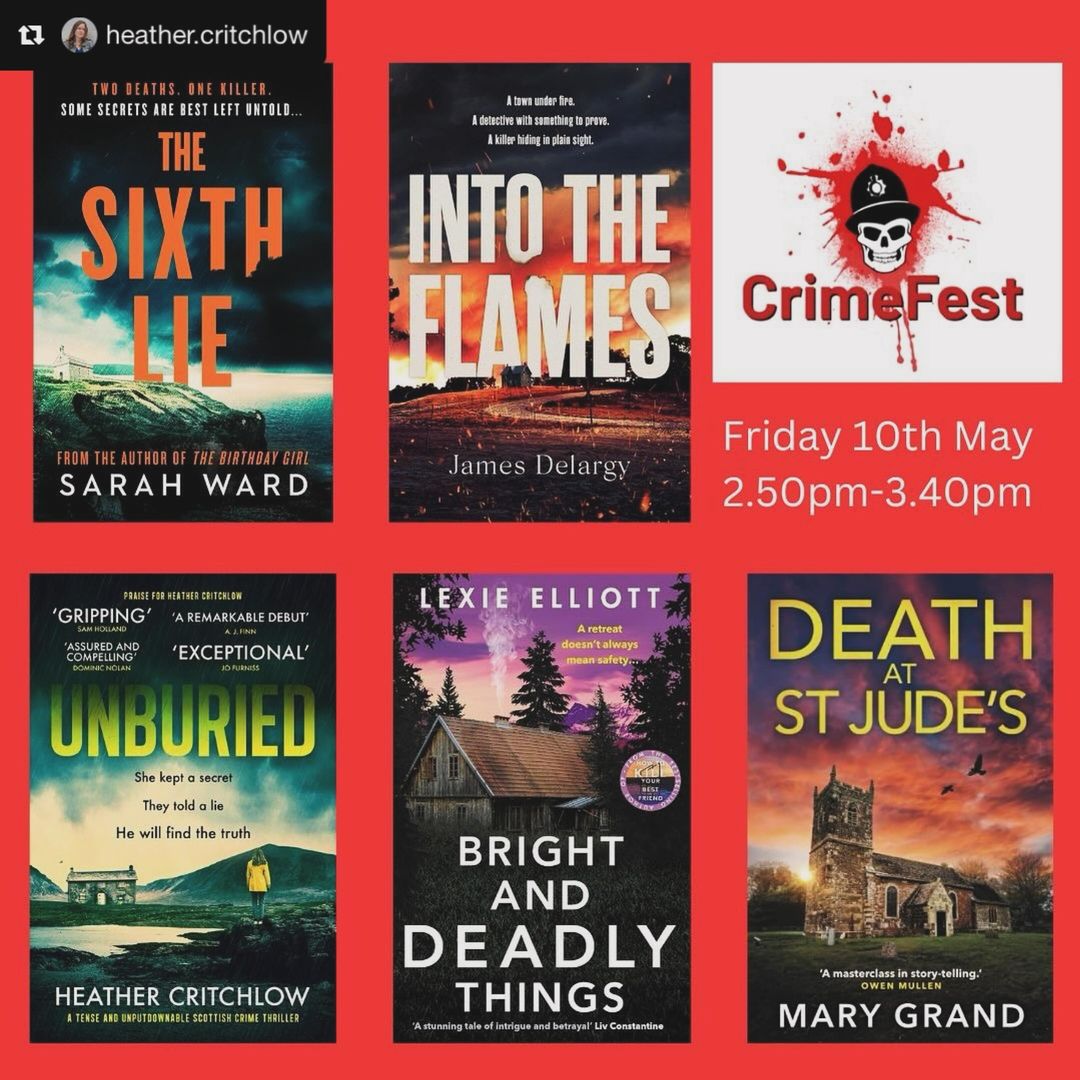 Hope to see you this weekend at @CrimeFest 🔪🔪🔪 so looking forward to a fun conversation with Heather Critchlow and the other panelists Far from the madding crowd: crime fiction in splendid isolation Friday 10th May 2.50pm-3.40pm @JDelargyAuthor @authormaryg Join us!