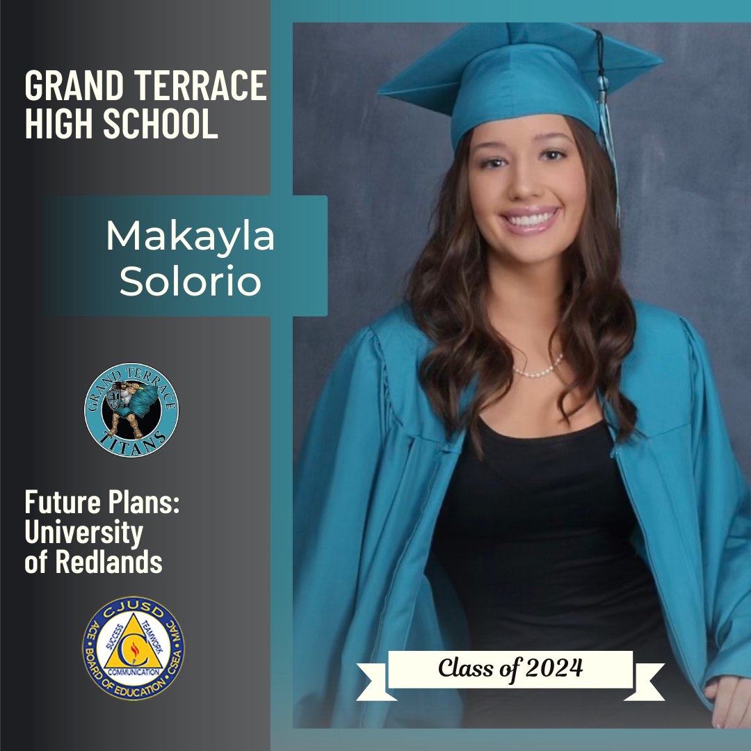 Congrats to Grand Terrace HS 🎓senior Makayla Solorio, who plans to attend the University of Redlands and later pursue dentistry! #CJUSDCares #GTHS #GrandTerraceHighSchool🐻🎉 Seniors, to be featured in our #CJUSD Class of 2024 Spotlight, visit bit.ly/CJUSDsenior2024