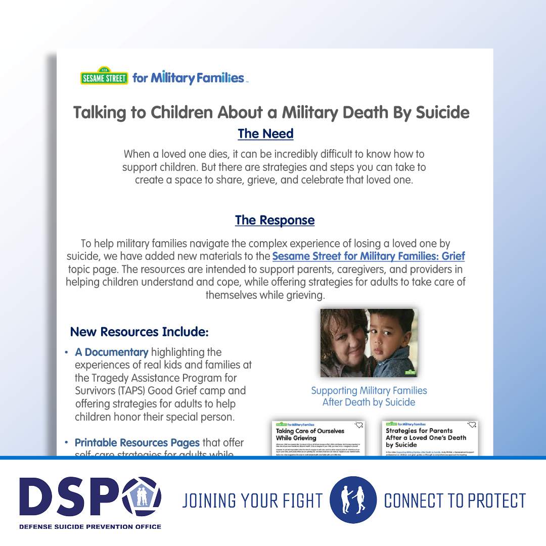 Support children through military suicide loss. Let’s create safe spaces to share, grieve, and celebrate loved ones. Use this resource to help guide those conversations: 
bit.ly/3rCB0WA
Bookmark and share this to spread awareness. 
#MilitaryCommunity
#MilKids