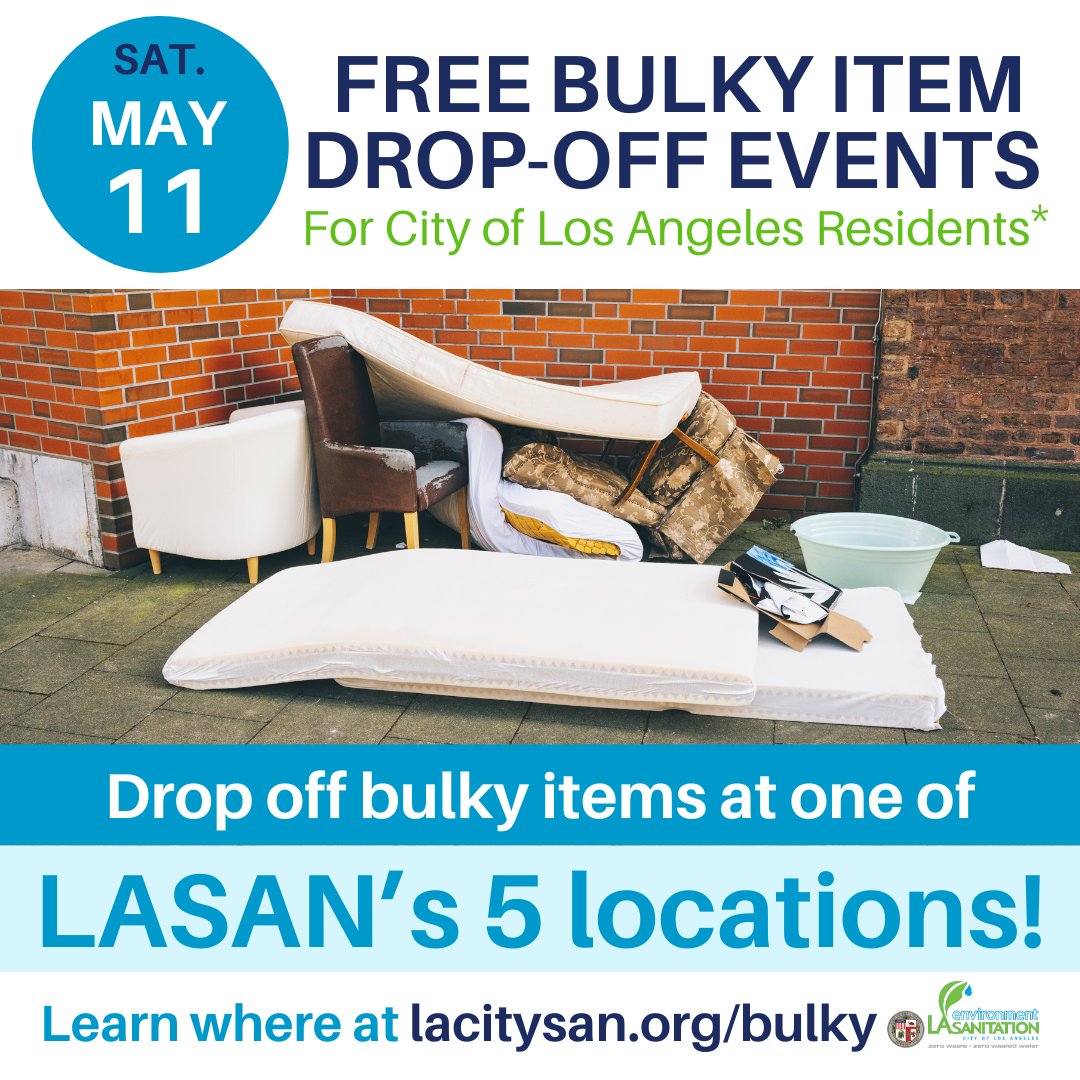 Drop off your #bulkyitems with us FREE this #Saturday at one of five locations around the City of Los Angeles.  Click the link for locations.

Learn more here: bulkyla.eventbrite.com 

#lasan #springcleaning #organizing #downsizing #sustainability