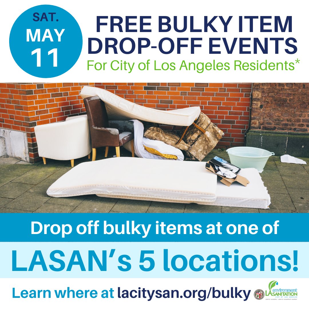LACitySAN's tweet photo. Drop off your #bulkyitems with us FREE this #Saturday at one of five locations around the City of Los Angeles. Click the link for locations.
Learn more here: https://t.co/V7QGOFkCG1
#lasan #springcleaning #organizing #downsizing #sustainability https://t.co/VbfgoKB5m6