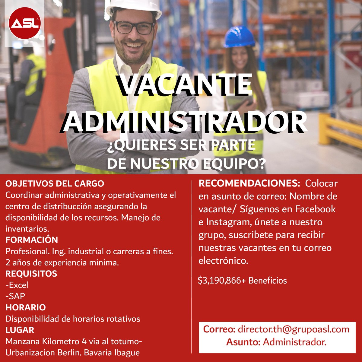 ¡Conoce nuestra vacante! 😉🤩
#ASL #administrador #logistica #almacenamiento
#logistics #procesoslogisticos #procesologisticodhl
#picking #packing #carga #montacargas #supervisor
#equipamiento #trabajo #vacantescolombia