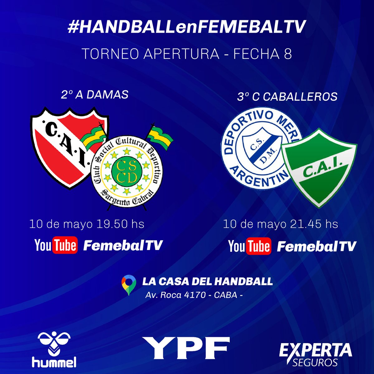 femebal's tweet photo. 📺 ¡Viernes de #FemebalTV!
🤾♀️ En el primer partido de la jornada, Club Atlético Independiente, que marcha 8º en el Apertura, recibirá a C.S.C.D. Sargento Cabral, que buscará su séptimo triunfo para mantenerse cerca de la punta en la 2ºA Damas. https://t.co/8bCKZbLcuS