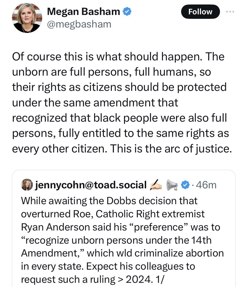 As I said, Christian Right activists are UNITED in their determination to ban abortion in all 50 states from conception forward. Voters deserve this info before November. (Meg Basham is a Doug Wilson fan girl & alumnus of the Claremont Institute, a Project 2025 partner). 1/