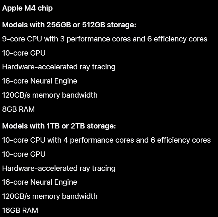 Apple uses storage to differentiate between CPU and RAM configurations. Has the same NPU.