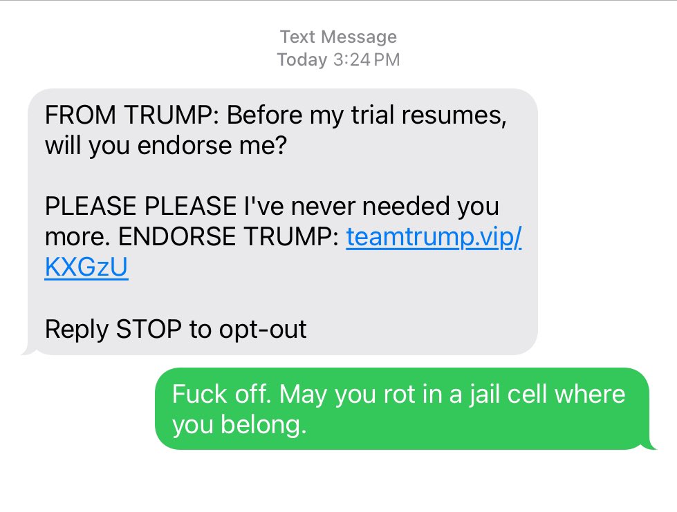 Got an interesting text message. Instead of deleting, I thought I’d reply. #TruthOrTrump #DemsUnited