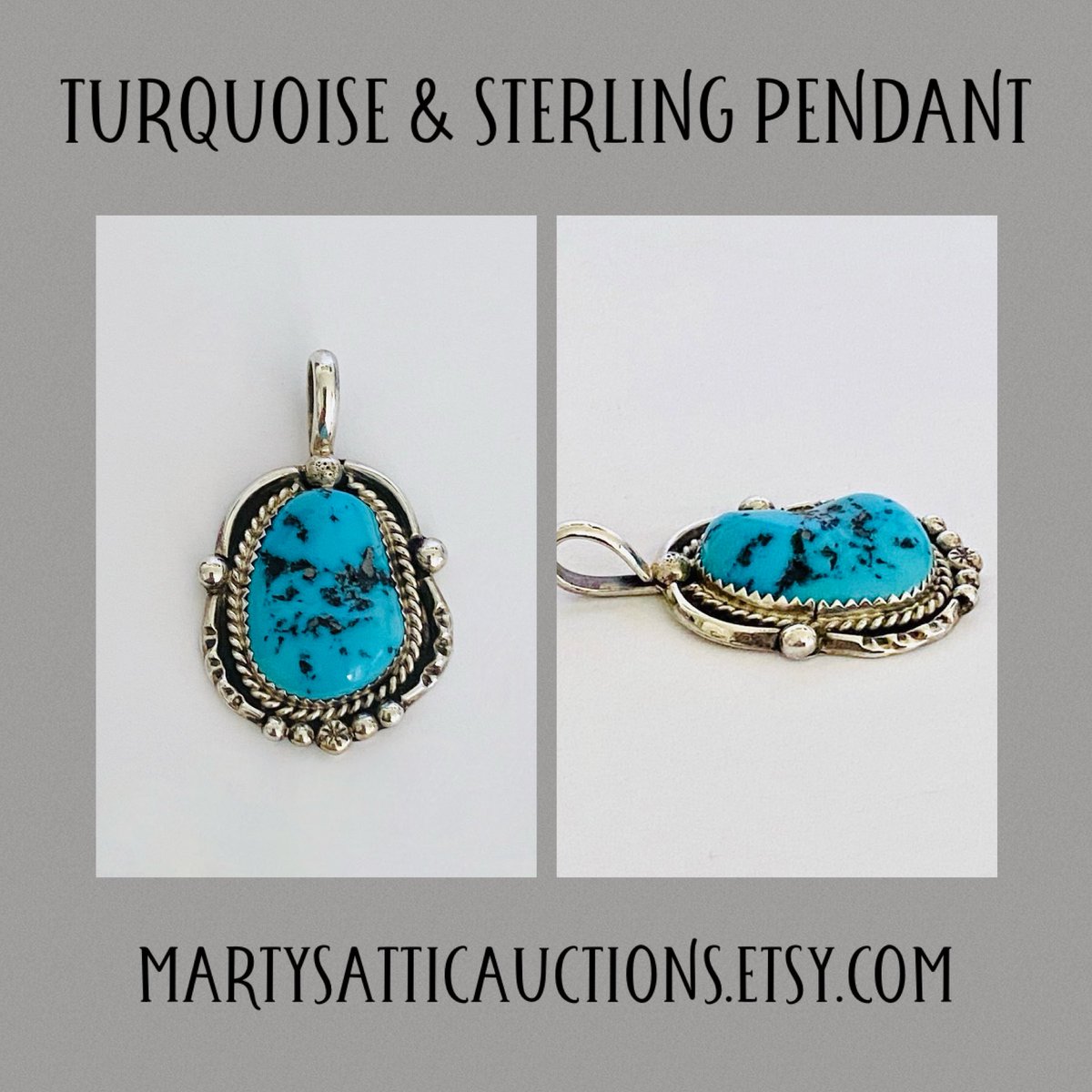 Vibrant Turquoise Nugget Pendant in Sterling Frame with Large Bale, Classic Southwestern Pendant with Lovely Detail and Solid Silver Backing martysatticauctions.etsy.com