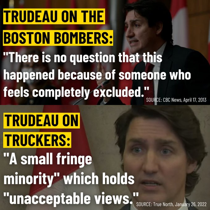 The Boston bomber killed three people and injured seriously injured hundreds more more. 'Society failed him', said Trudeau. Canadian truckers peacefully protested against being forced to receive an injection. 'Call in the army', said Trudeau. #TrudeauIsDestroyingCanada…