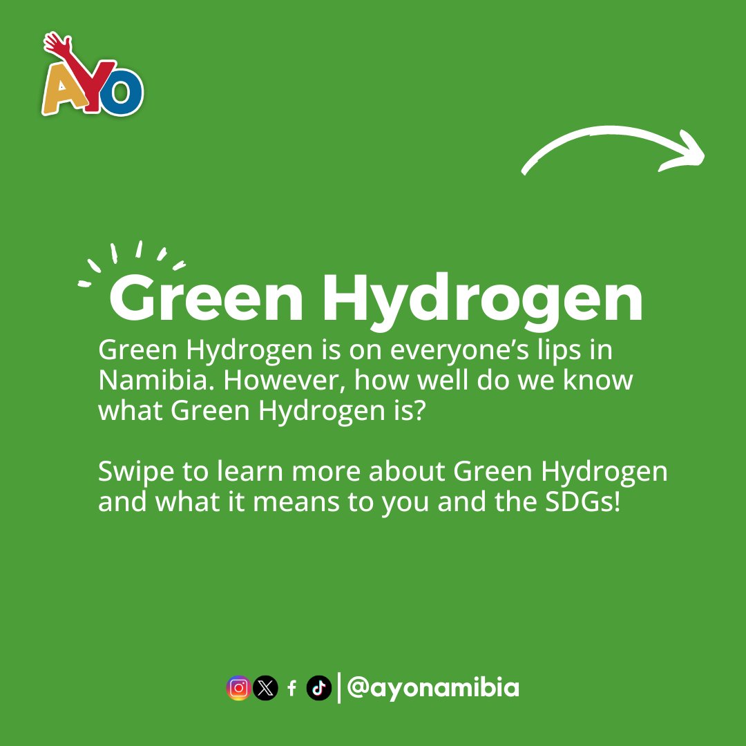#AYONamibia • Green Hydrogen is set to be a multi-billion dollar industry, but what exactly is Green Hydrogen?🤔

Let's unpack what Green Hydrogen is and what it means for you and the localisation of the SDGs🤩🇳🇦

#GreenHydrogen #gH2 #Nam4SDGs #GlobalGoals #AYONamibia