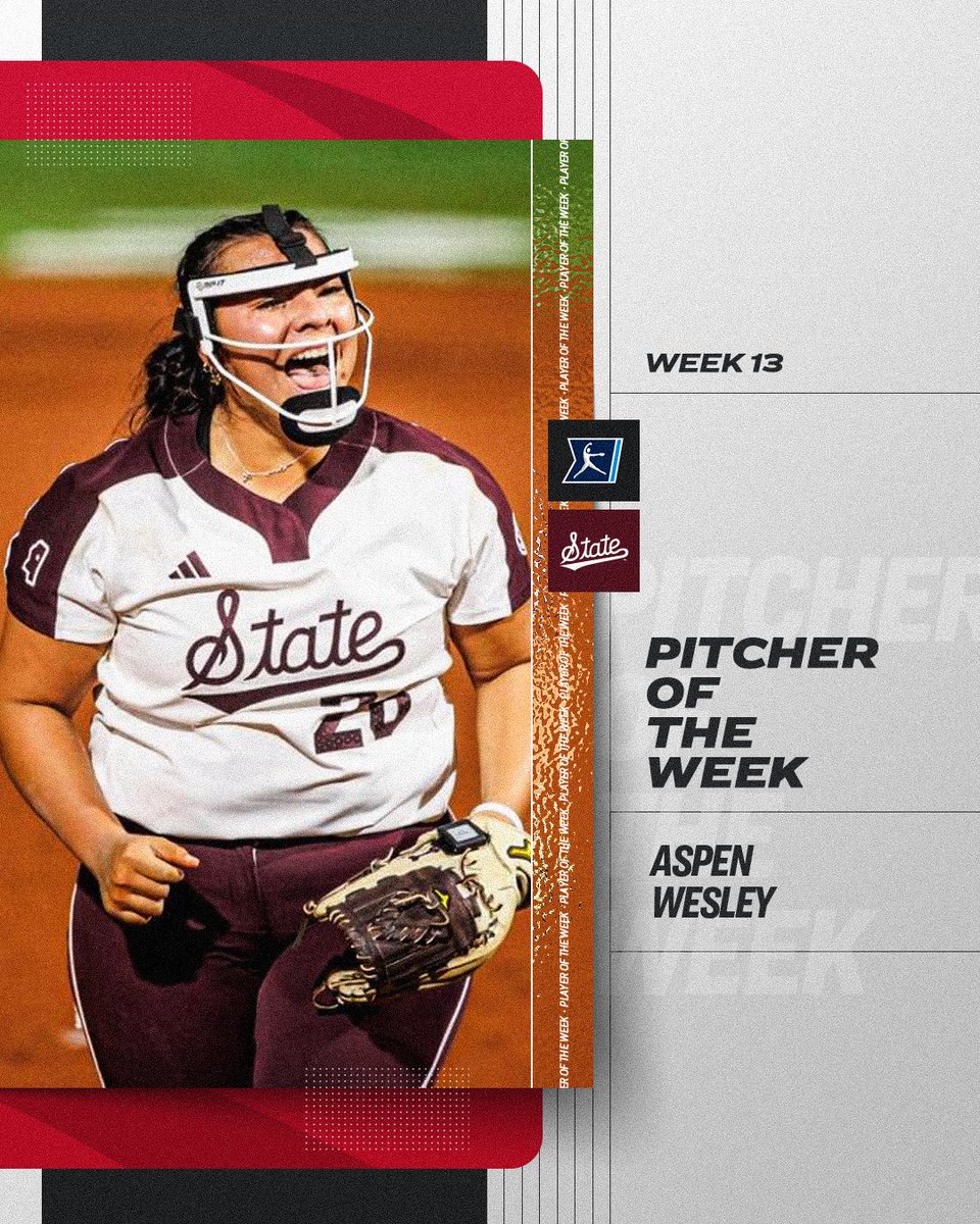 NCAASoftball's tweet photo. This week’s Pitcher of the Week is @aspen_wes of @HailStateSB!

@michellachester breaks down her Pitcher of the Week from Week 13. Who is yours? 🤔

#NCAASoftball https://t.co/JntWGgvXDG