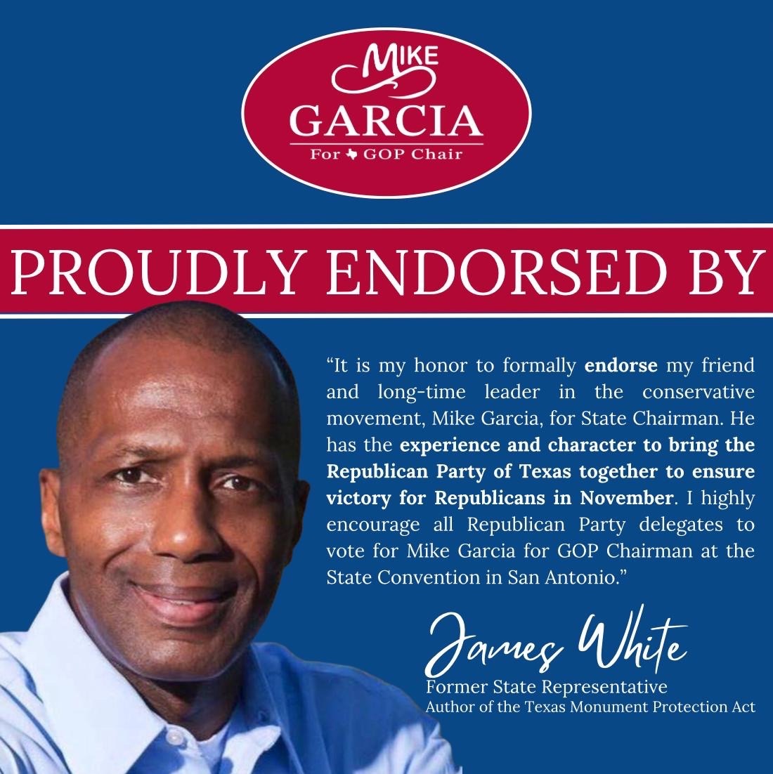 Happy to announce Fmr. State Rep. James White’s endorsement of our campaign! Rep. White represented East Texas for over a decade in the #txlege. Got to know and work with him after he joined the @TxFreedomCaucus when I was director. He’s a man of God and loves our state and party…
