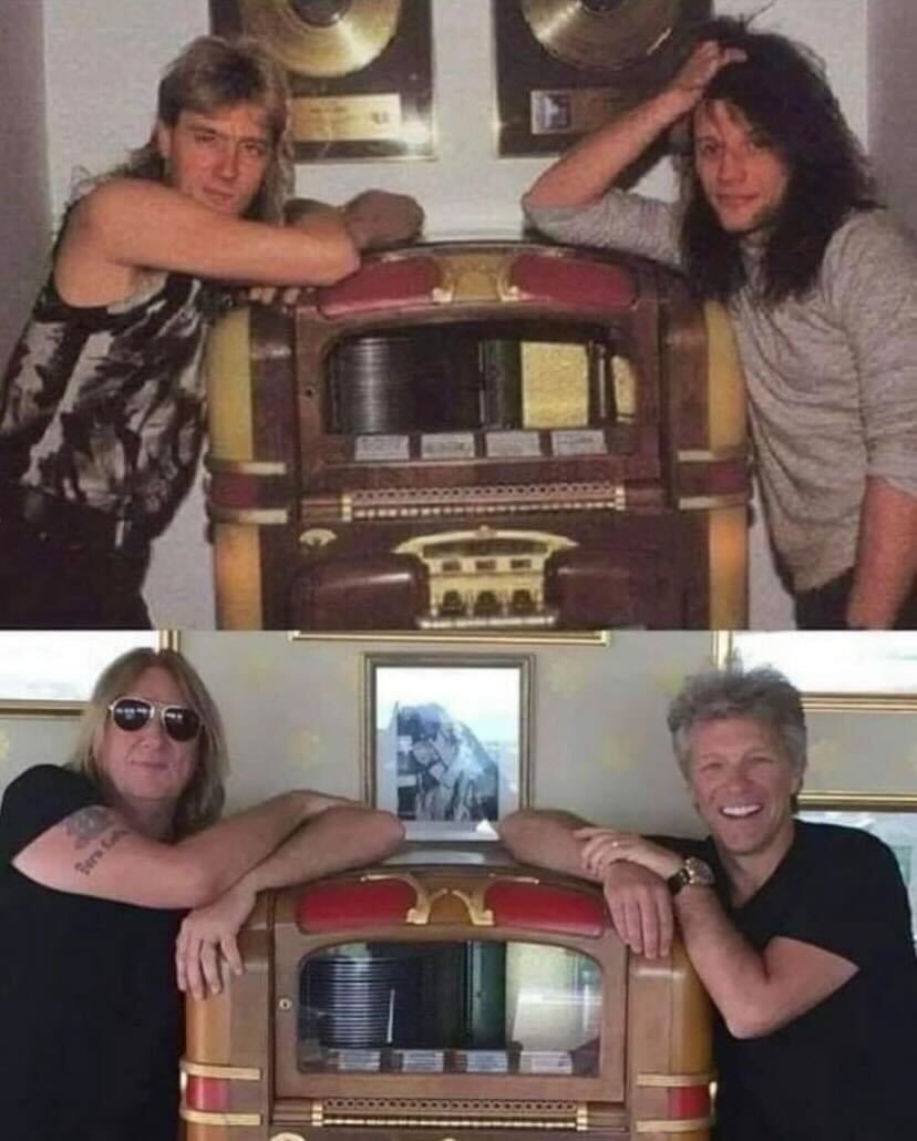 Joe Elliot of Def Leppard and Jon Bon Jovi of Bon Jovi, 32 years later in the same place ❤️️ #ThrowbackThursday