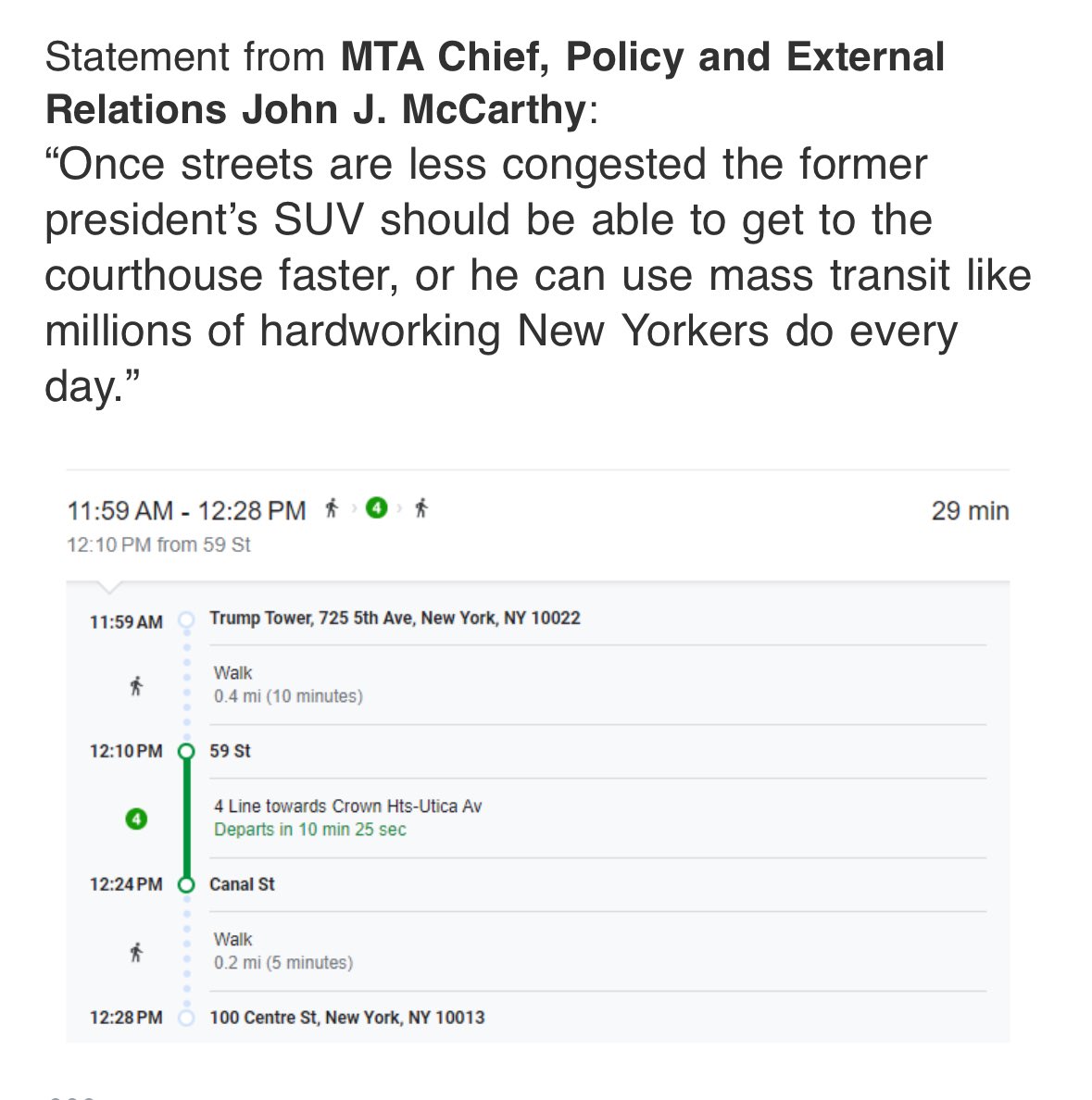 Michael Gold (@migold) on Twitter photo the MTA’s response to Trump’s congestion pricing post:
“Once streets are less congested the former president’s SUV should be able to get to the courthouse faster, or he can use mass transit like millions of hardworking New Yorkers do every day”
and they sent transit directions the MTA’s response to Trump’s congestion pricing post:
“Once streets are less congested the former president’s SUV should be able to get to the courthouse faster, or he can use mass transit like millions of hardworking New Yorkers do every day”
and they sent transit directions