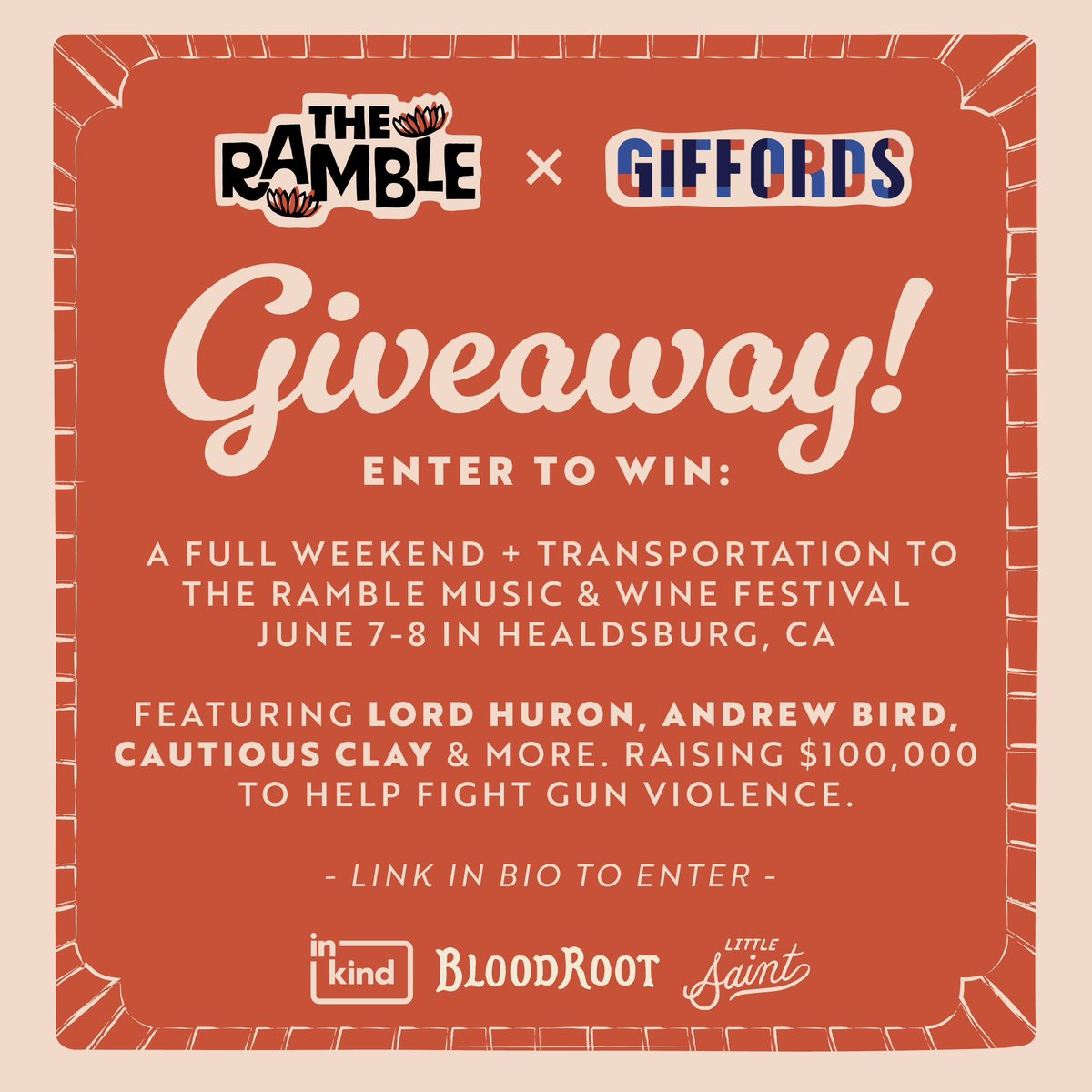 🎉 GIVEAWAY 🎉 Win a free trip and VIP tickets to The Ramble music & wine festival supporting our work to end gun violence. Don’t miss your chance to see @LordHuron & many more bands in Sonoma wine country June 7-8. Enter by 5/17: secure.everyaction.com/4NaC8DuFzUSY49…
