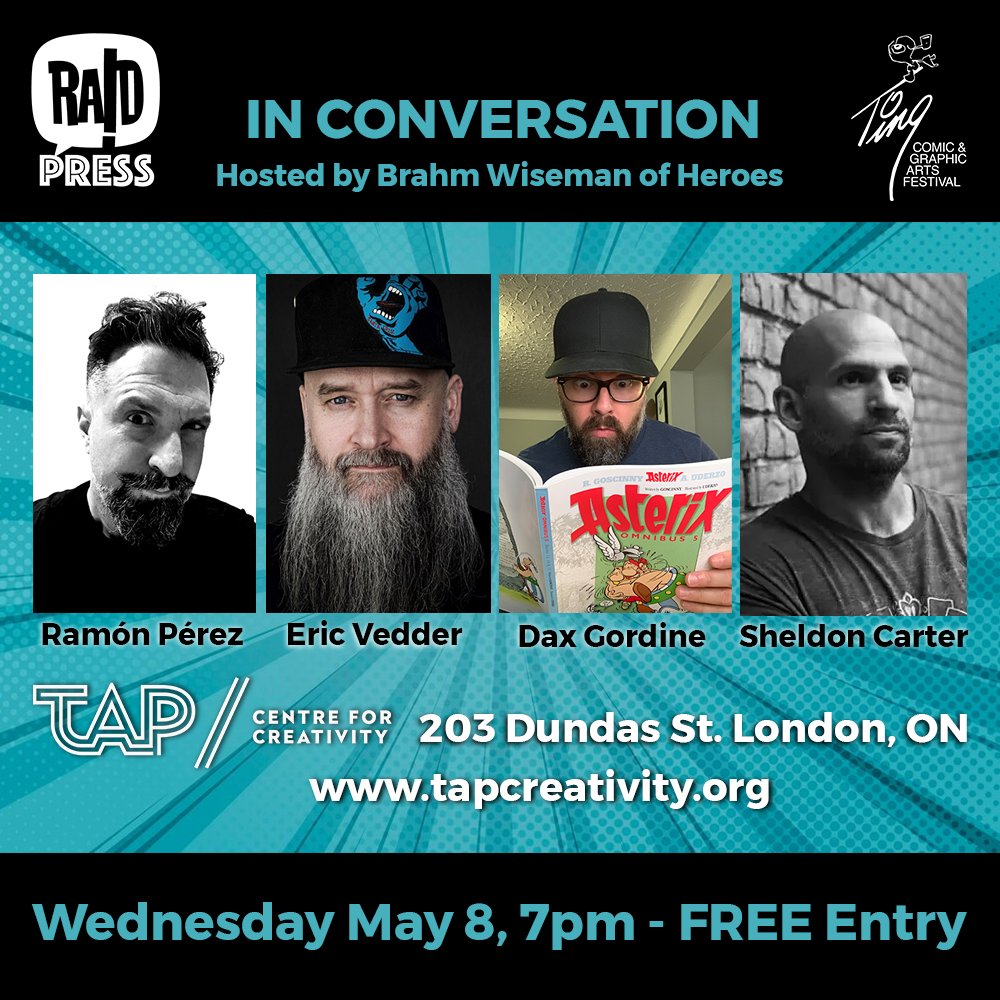 Join us tomorrow for this year's Small Press Spotlight, featuring @theRAIDpress ! We will go into conversation with Ramon Perez, Eric Vedder, Dax Gordine, and Sheldon Carter as we explore more of what RAID Press has in the works and their commitment to independent publishing.