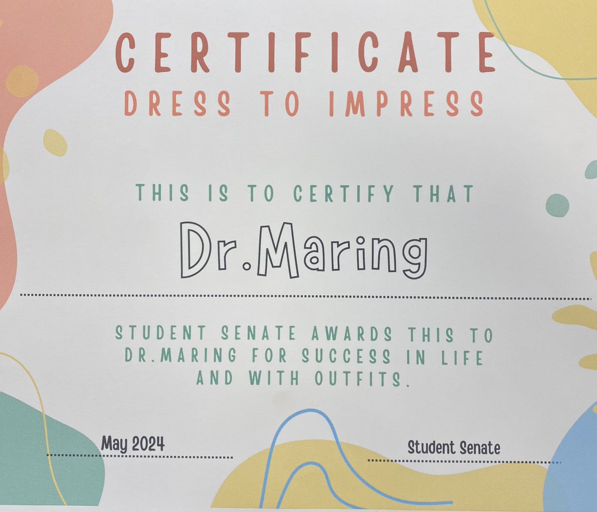 Never thought I’d get an award for “success in life and with outfits” 😂 Student senate appreciated all #glcsMS staff with individual awards, coffee and donuts! #gogulllake