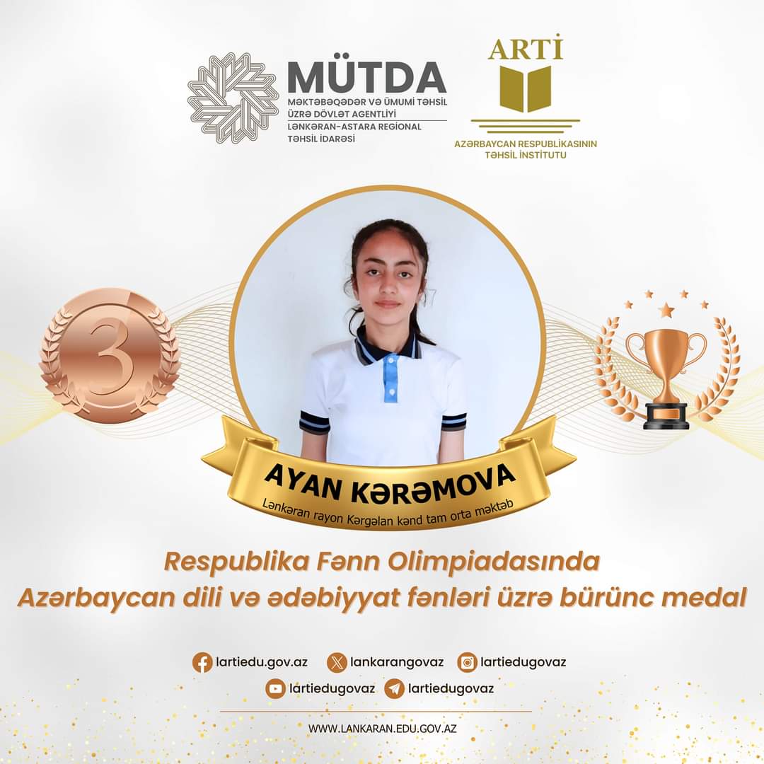 lankarangovaz's tweet image. RFO qaliblərini tanıyaq. 🥳 #Azərbaycandili #ədəbiyyat #informatika

Respublika Fənn Olimpiadasında informatika, Azərbaycan dili və ədəbiyyat fənləri üzrə bürünc medal qazanan şagirdlərimiz.
Təbrik edirik, uğurlarınızın davamı gəlsin, əziz şagirdlər! 
#LənkəranAstaraRTİ #RFO