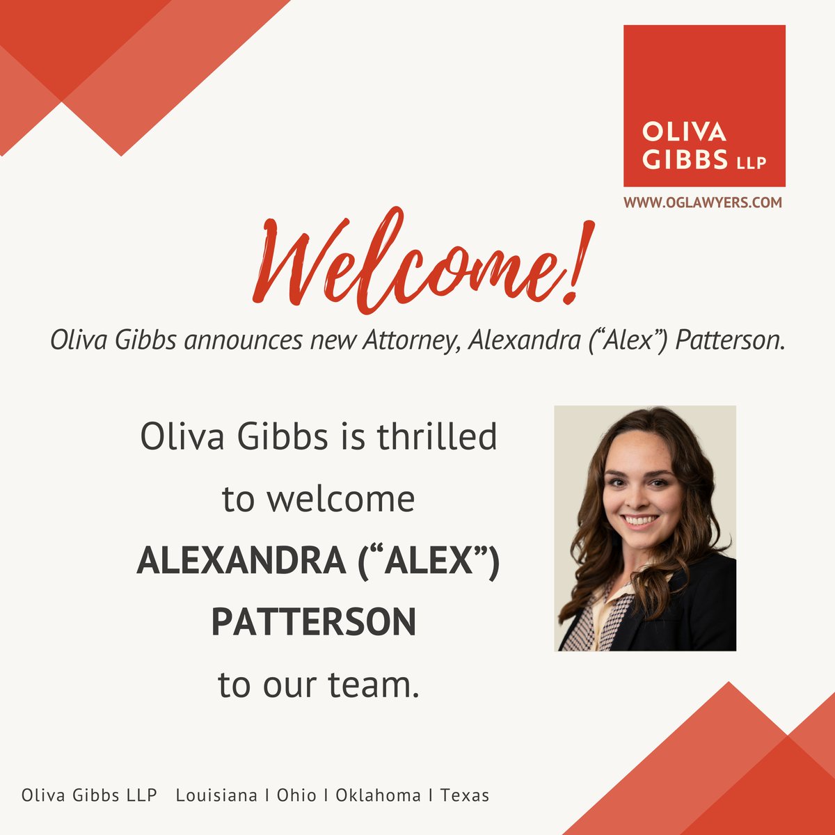 @OlivaGibbsLLP welcomes Alexandra 'Alex' Patterson as a new attorney at the firm. Her focus on upstream oil and gas and minerals & royalties will be a valuable asset to our team. Learn more about Alex here: bit.ly/3WtP8OM. #EnergyLaw #OilAndGasLaw #WomenInEnergy