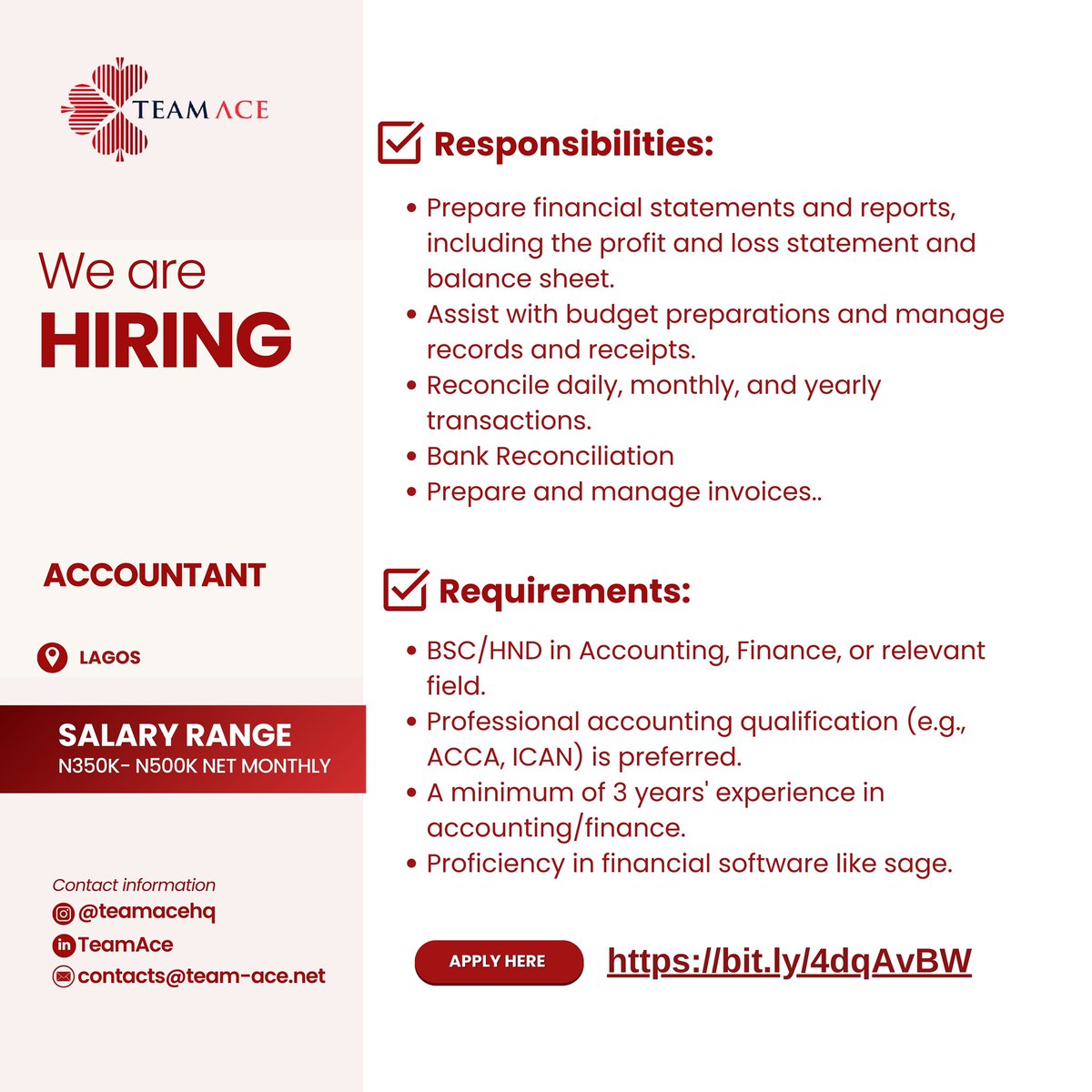 Job Opening!
See flier for details 

Qualified and Interested? Apply here👇🏽
bit.ly/4dqAvBW

#accountant #accountingjobs #hiringnow #jobvacancy #jobopening #jobopportunity #recruiting #teamace #Opay #stockmarketcrash