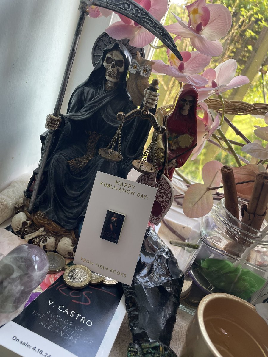 Massive thanks to @TitanBooks for this awesome pin for IMMORTAL PLEASURES.  She’s going on my altar until Stoker Con 🙌🏽 grateful❤️‍🔥blessed❤️‍🔥protected . #SantaMuerte