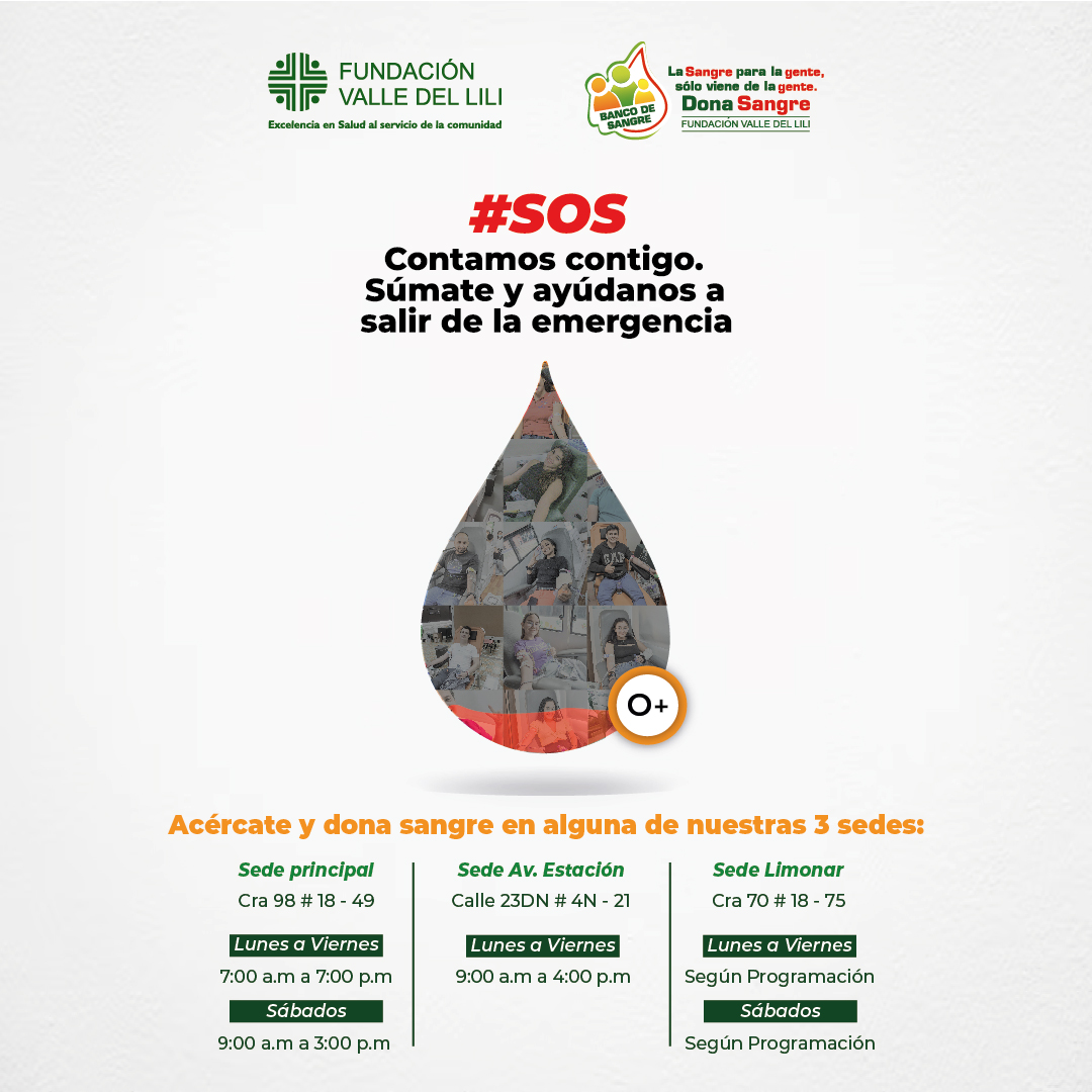 ¡Necesitamos de tu solidaridad! Si tu grupo sanguíneo es O+, acércate a donar sangre en la Fundación Valle del Lili. Recuerda que tu donación puede salvar la vida de 3 personas que necesitan de tu ayuda. Puedes contactarnos al 314 545 7175.
@FVLCali