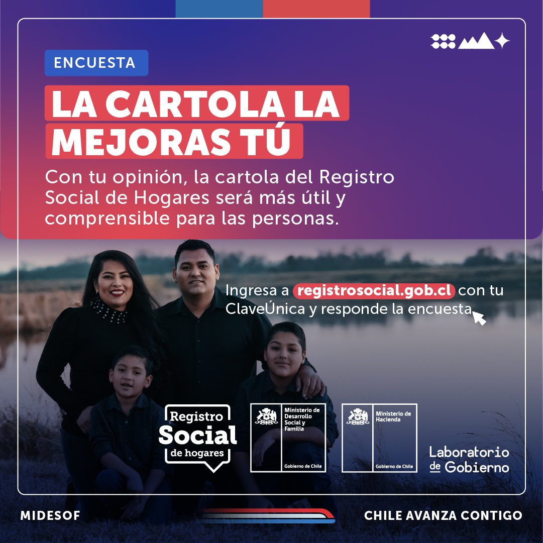 “La cartola la mejoras tú” buscamos recoger opiniones y sugerencias para mejorar la cartola del Registro Social de Hogares, ofreciendo una experiencia más satisfactoria. Responder la encuesta toma 5 minutos y estará disponible hasta 27 de mayo en registrosocial.gob.cl #Tarapacá